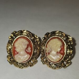 Elegant Gold and Cream Cameo Earrings